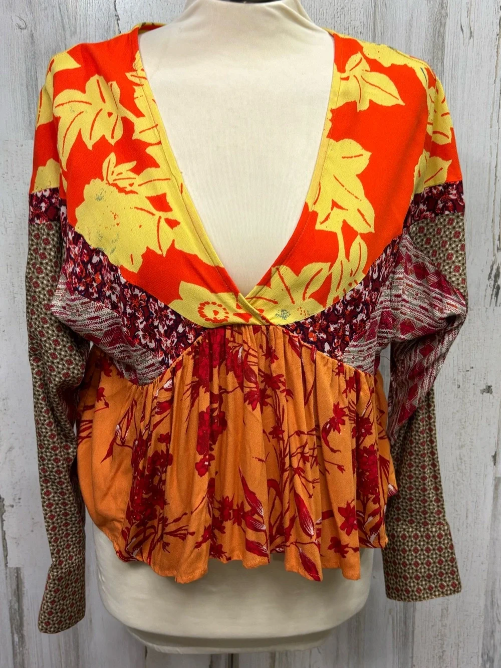 Free People‎ Aloha State of Mind Orange & Brown Mixed-Print V-Neck Peplum Blouse